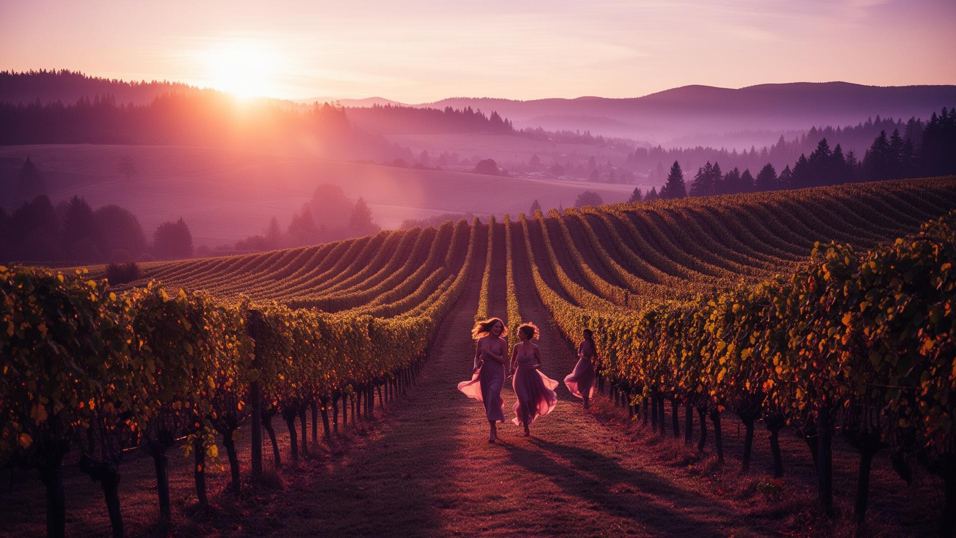 Vineyard at golden sunset with runners